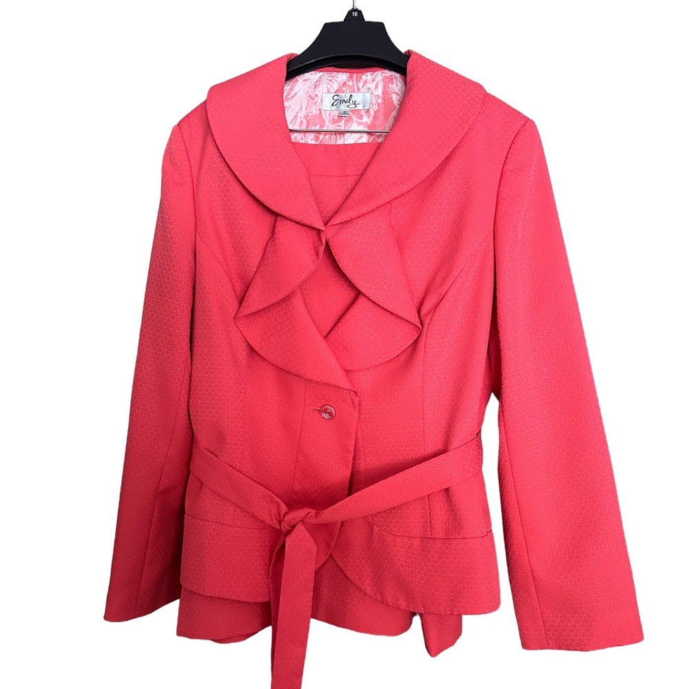 Emily Designs Coral skirt and matching jacket with a belt.